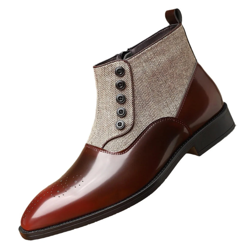 Men's brown retro business shoe with side zipper and square toe on a white background.