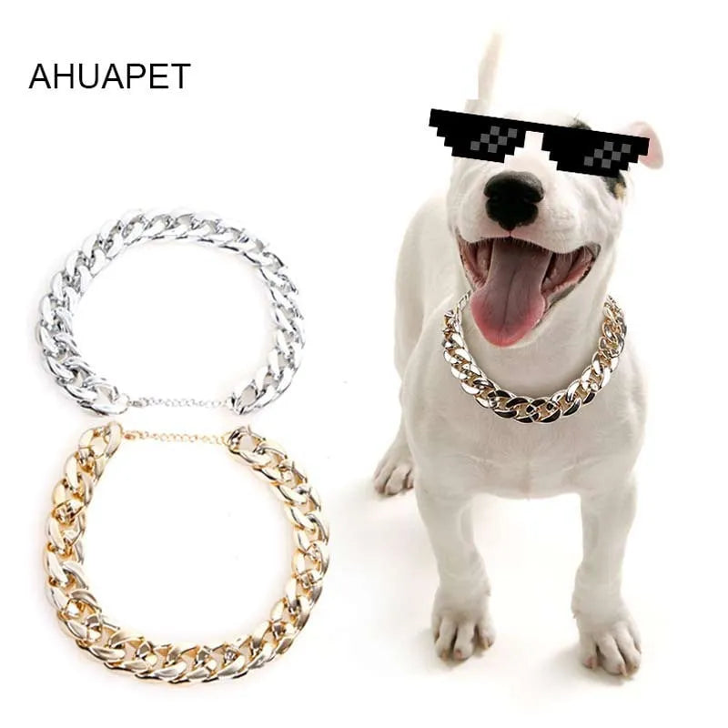 Geometric twisted chain dog collar with buckle on a white background, shown in a gold colour.