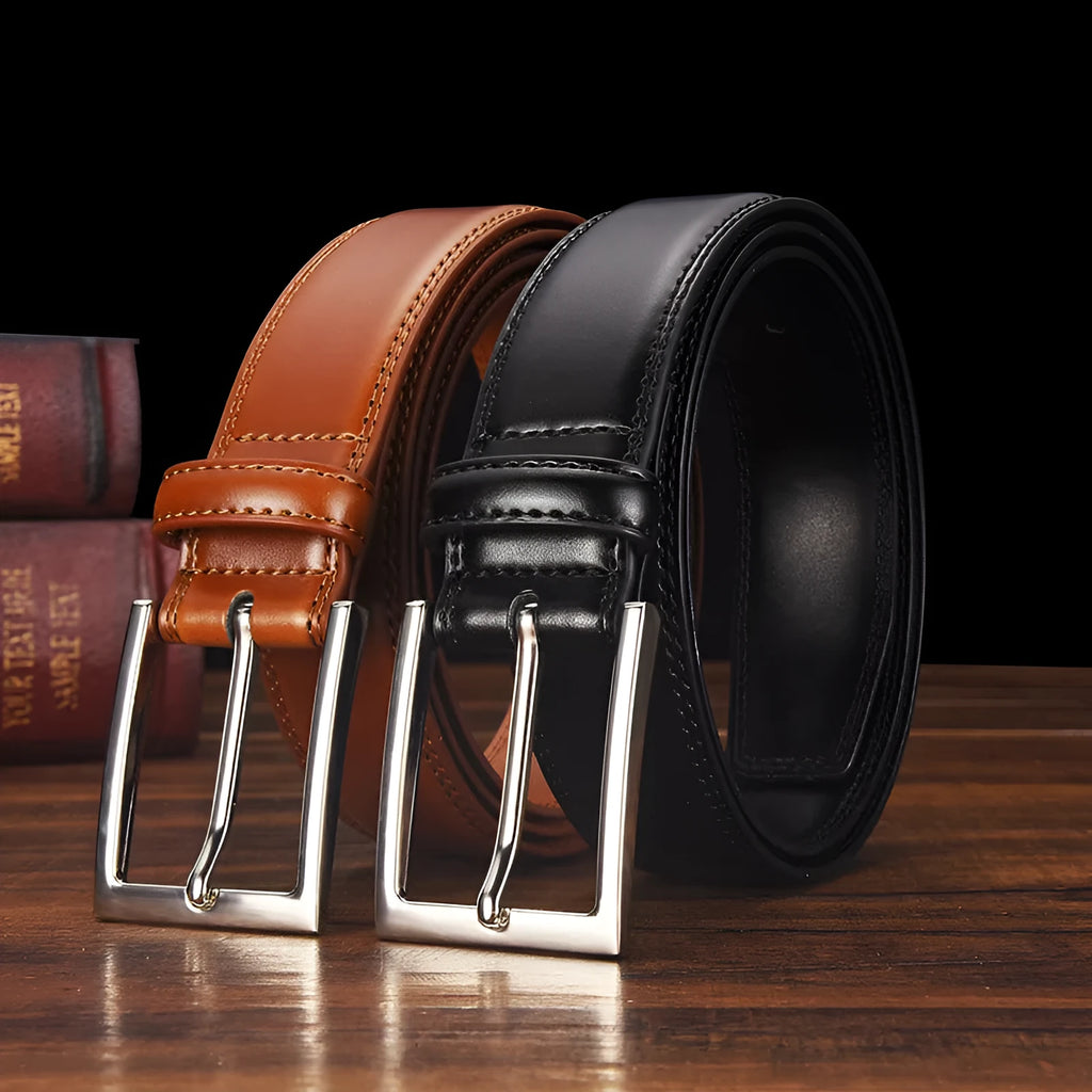 Men's black leather belt with silver alloy pin buckle showing length measurement
