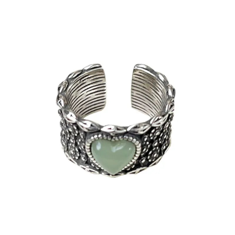 Retro wide-faced heart-shaped adjustable ring in white and green colours