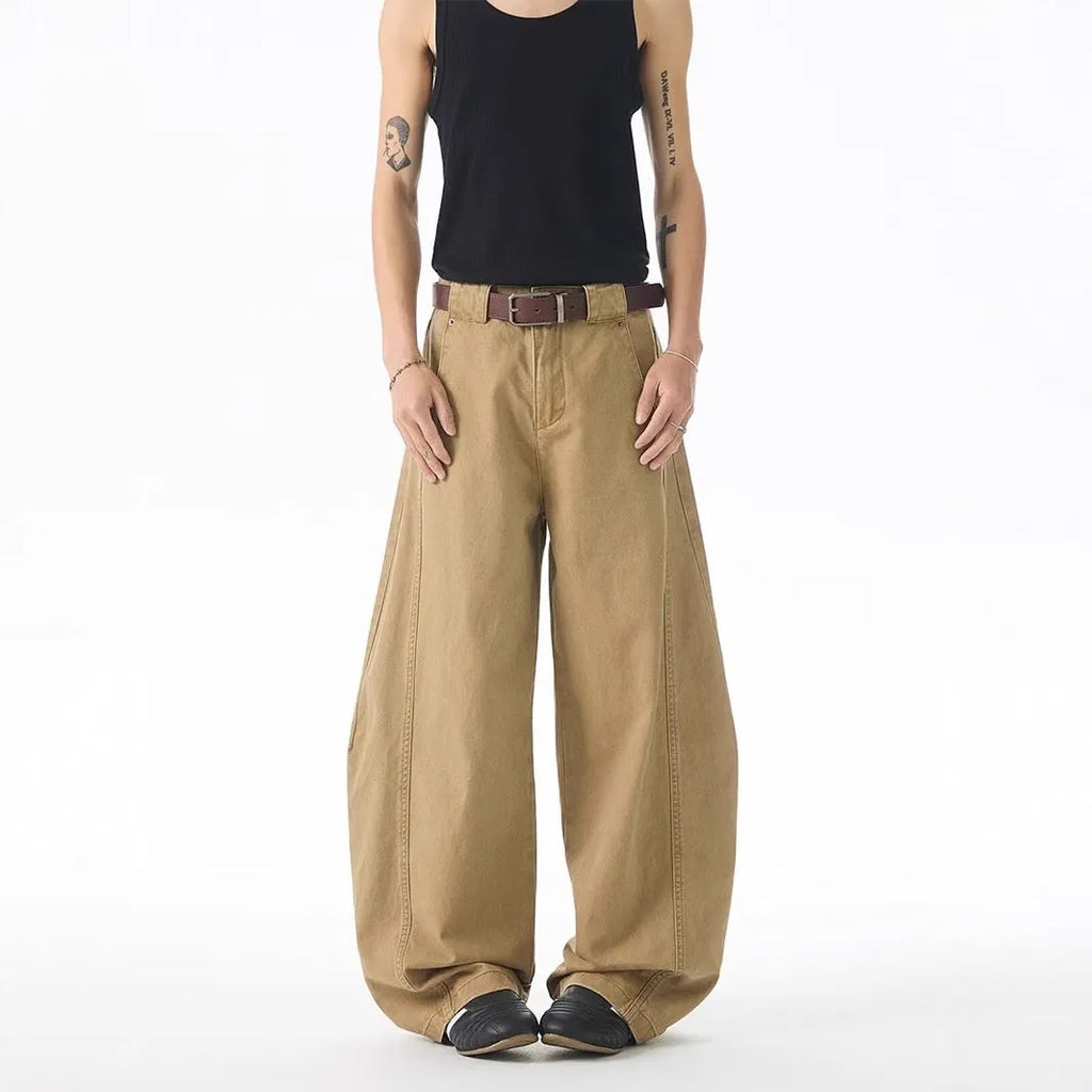 Brown men's casual jeans with loose fit straight leg design and button fly