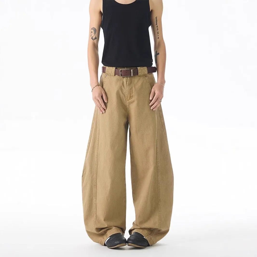 Brown men's casual jeans with loose fit straight leg design and button fly