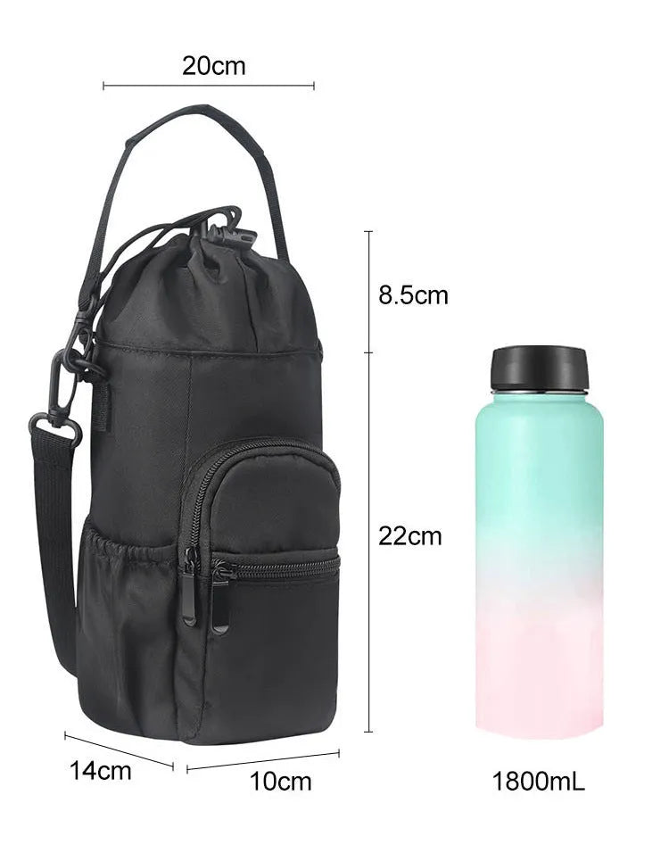 Cloth water bottle pouch with crossbody shoulder strap in black, green or pink colour