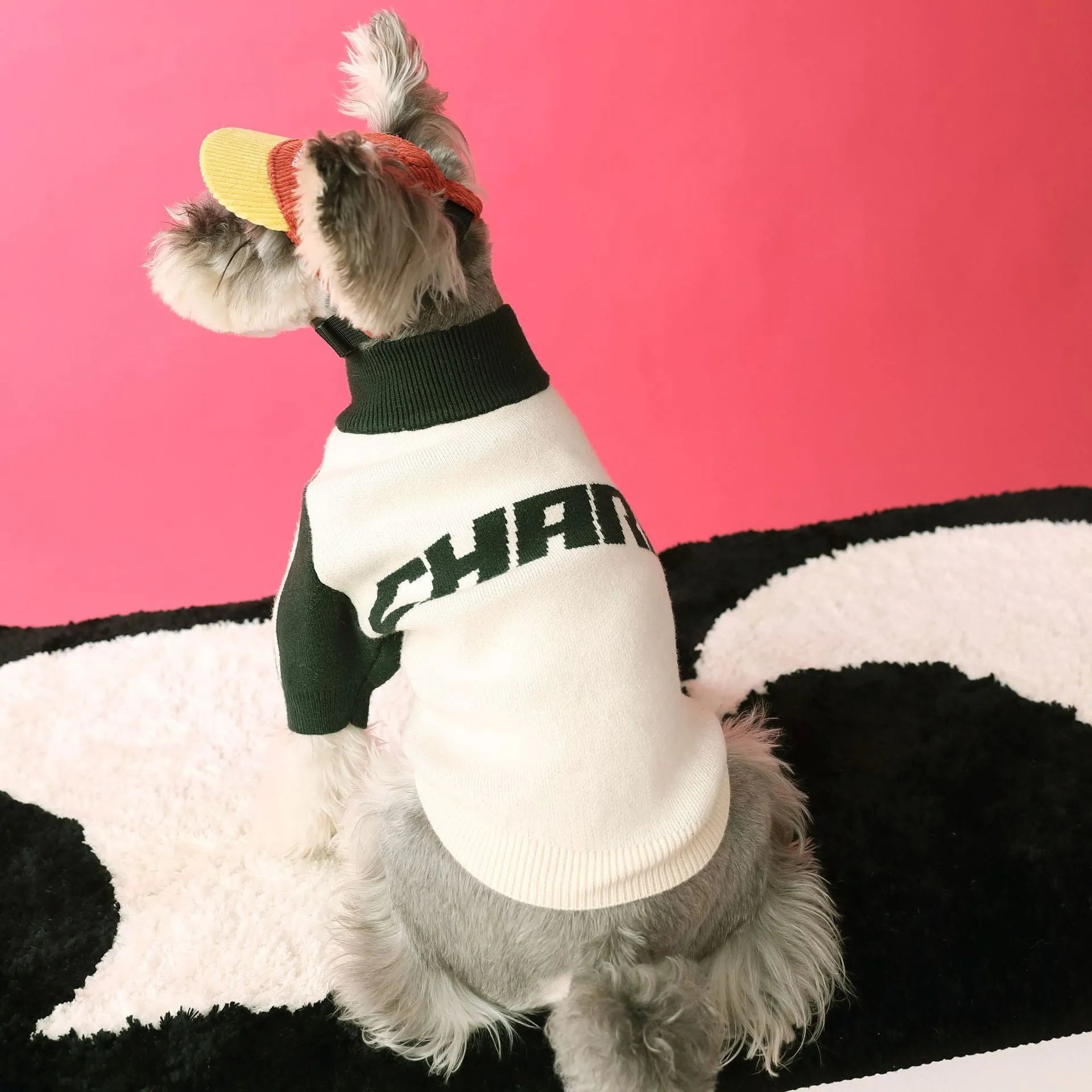 Red wool blend sports sweater cardigan for a medium-sized dog, shown on a mannequin.