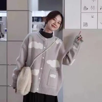 Blue cloud pattern women's spandex cardigan sweater with long sleeves