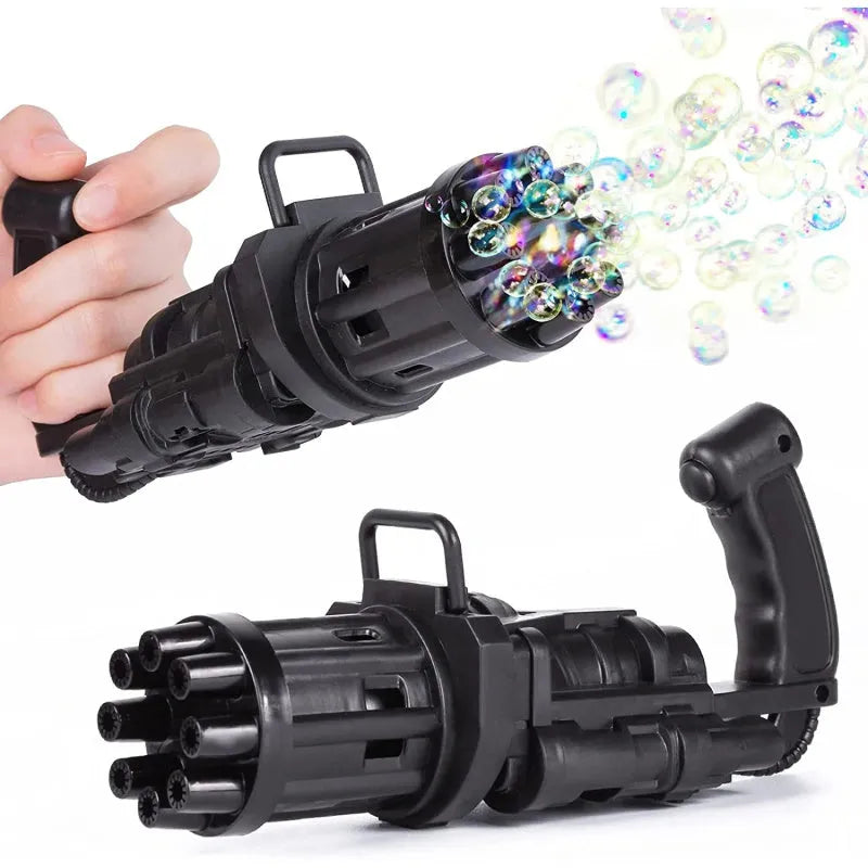 Children's bubble machine gun toy in pink, gold, or black colours with battery compartment and bubble solution.