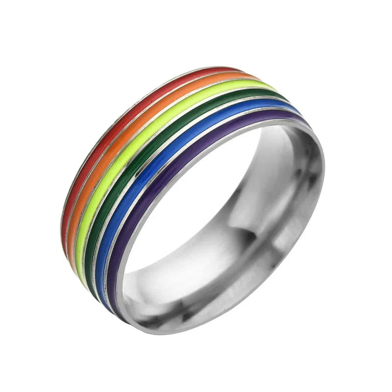 Bisexual pride stainless steel geometric ring in style 1, silver finish, size 10, unisex alternative design