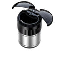 Compact metal car ashtray with lid in black, showing automatic sensor or touch controls.