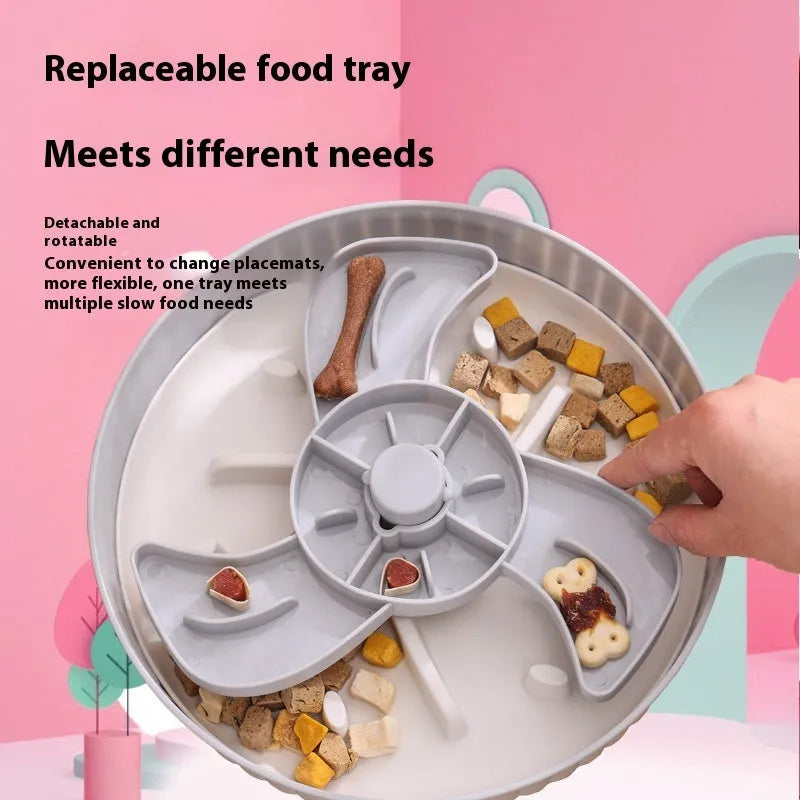 Pet slow feeder bowl with rotating game board and removable silicone licking mat in blue.