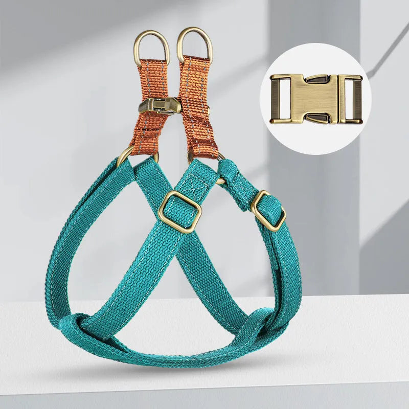 Brown vest-style dog leash with cotton belt, nylon straps, and metal clasp.