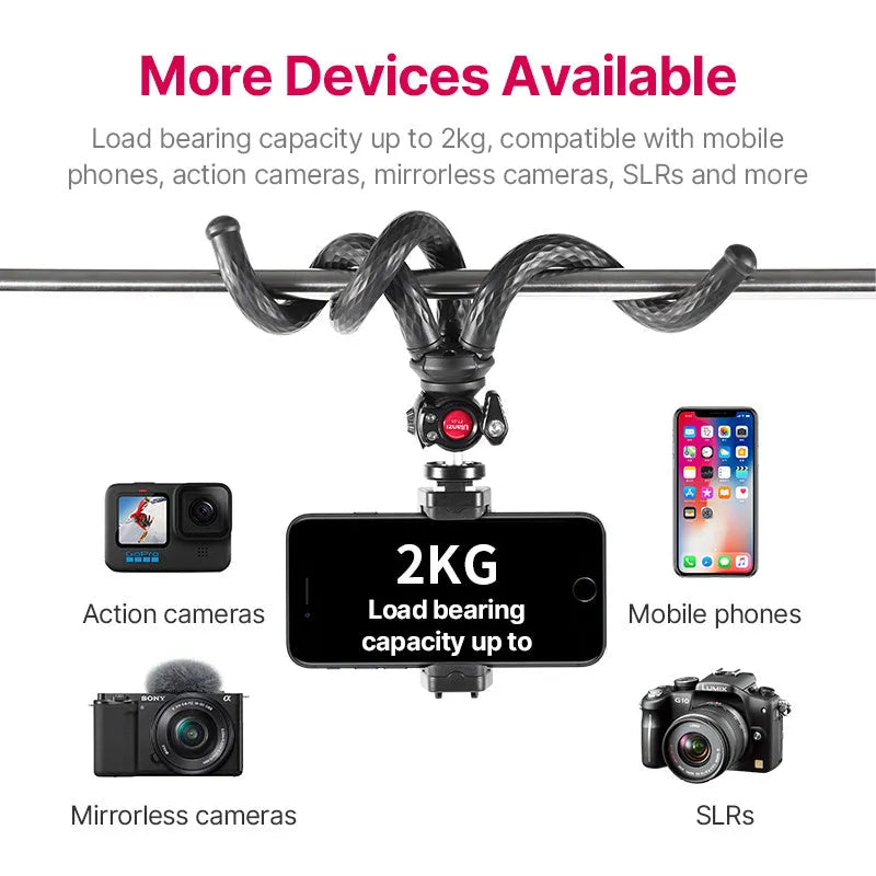 Black octopus leg mobile phone tripod with clip, extended to 360mm on a table.