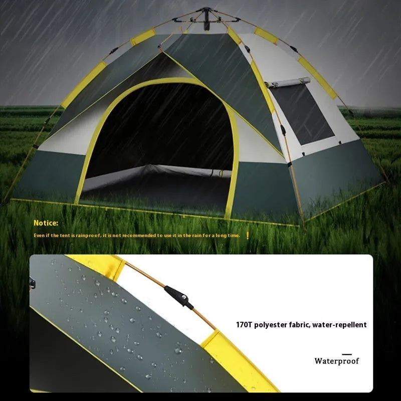 Dark green automatic pop-up camping tent for three to four people, fully set up with door and window open.