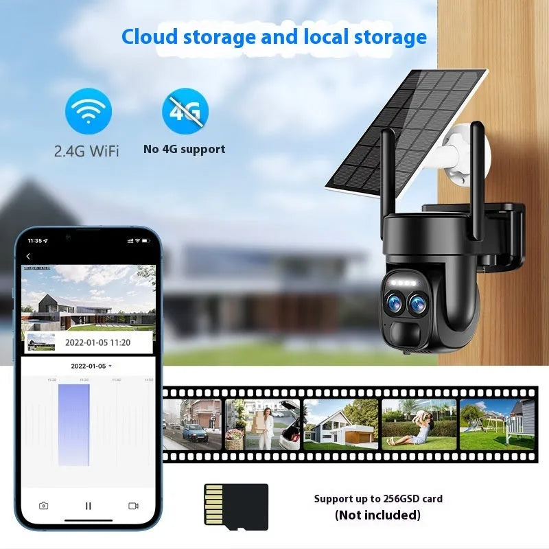 Solar-powered outdoor security camera with 8x zoom lens and dual 4G/WiFi antennas