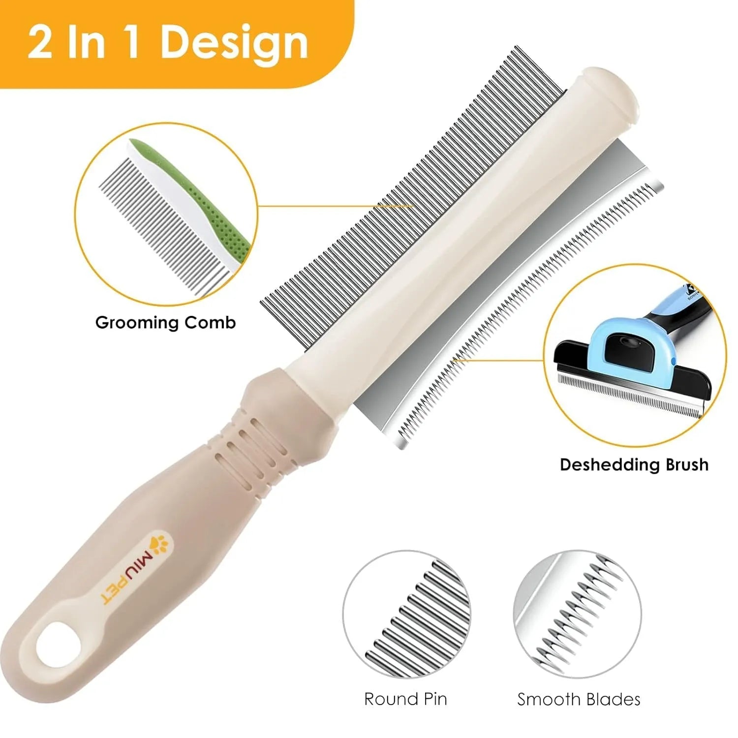White 2 in 1 pet grooming brush with curved comb and deshedding sides