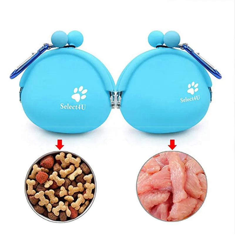 Silicone dog training treat pouch with hook and loop closure in blue colour