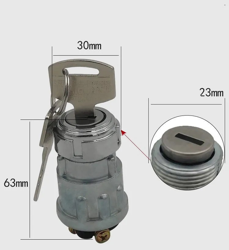 Pure copper vehicle ignition switch lock with matching key on a white background.