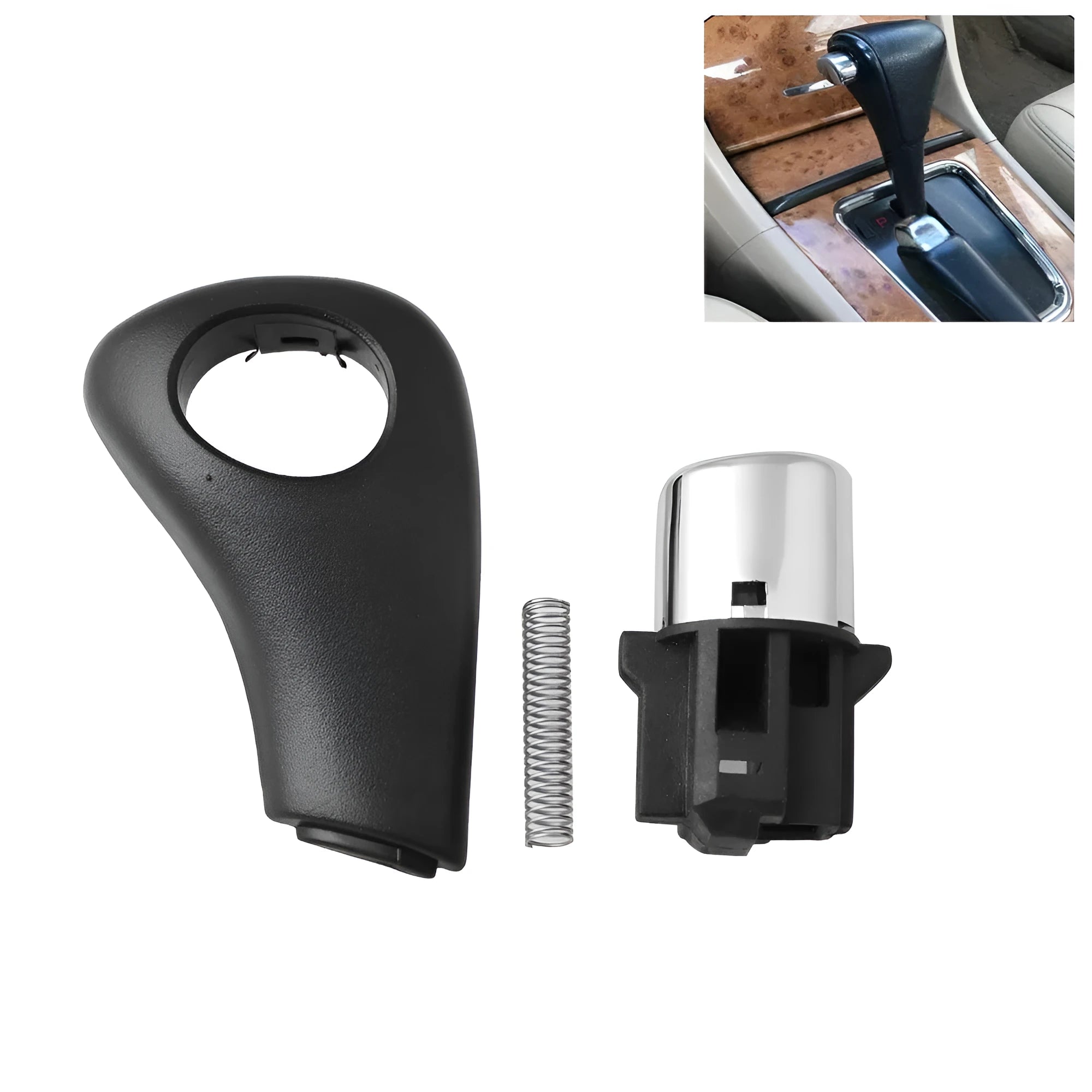 Black plastic Honda Accord shift button replacement kit with spring and side plate, part SK206.
