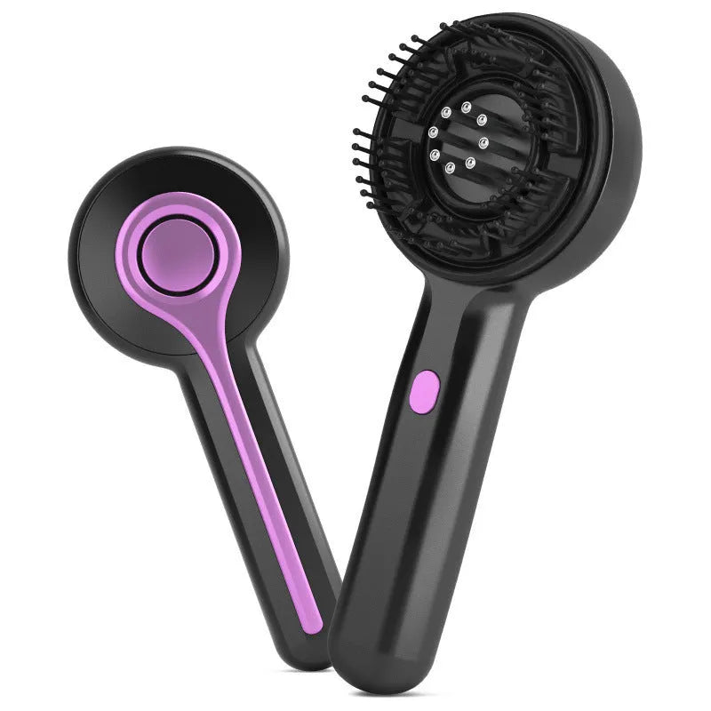 A grey, black, or red coloured USB-powered head massage comb with a comb design and a mechanical speed switch.