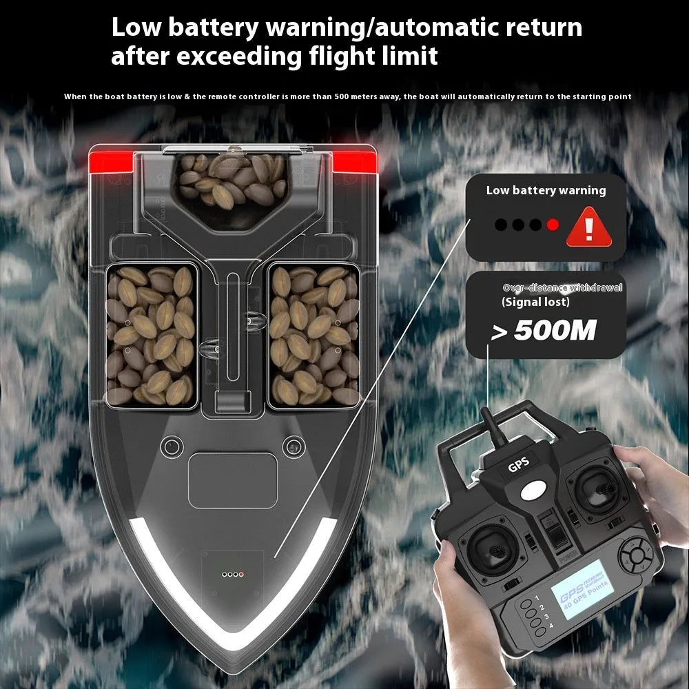 Black and luminous yellow remote control fishing boat with GPS antenna and LED light on bow.