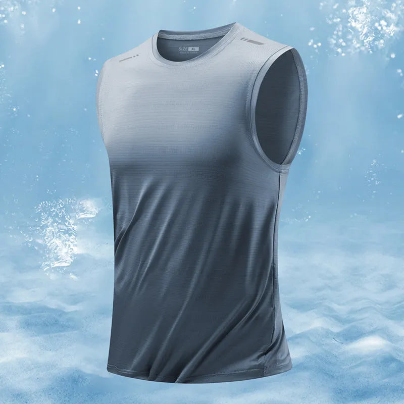 Man wearing a loose-fit grey sleeveless bamboo blend waistvest for casual wear.