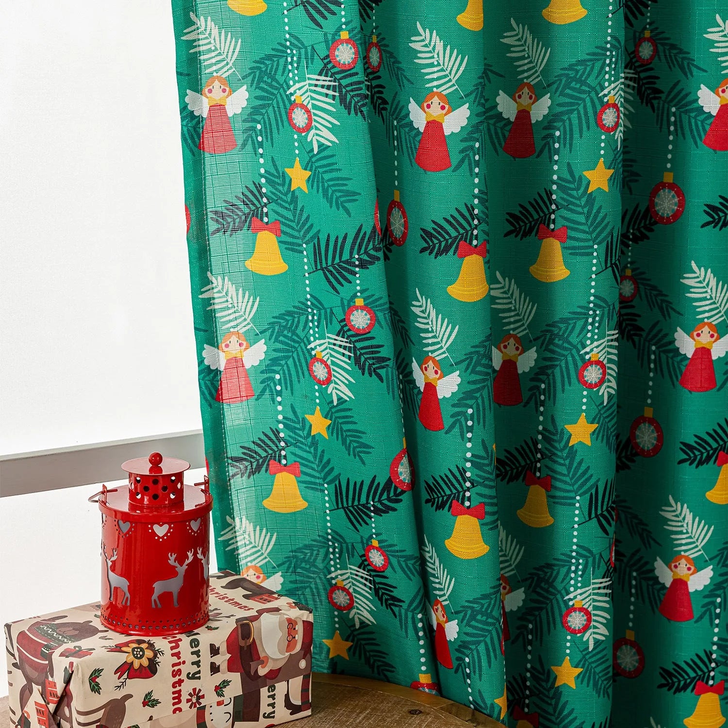 Green and red Christmas curtain with printed snowman and angel cartoon design