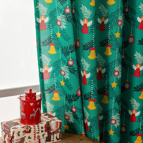 Green and red Christmas curtain with printed snowman and angel cartoon design