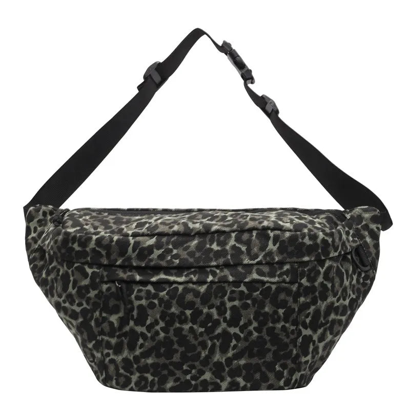Retro leopard print patchwork canvas chest bag in khaki with soft crossbody design