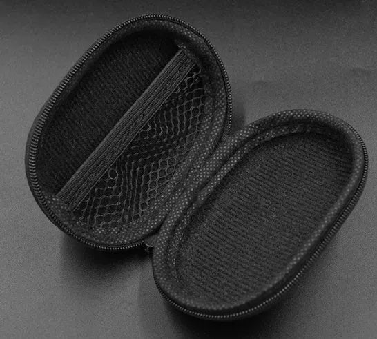 Black oval leather earphone storage bag with zip closure shown closed