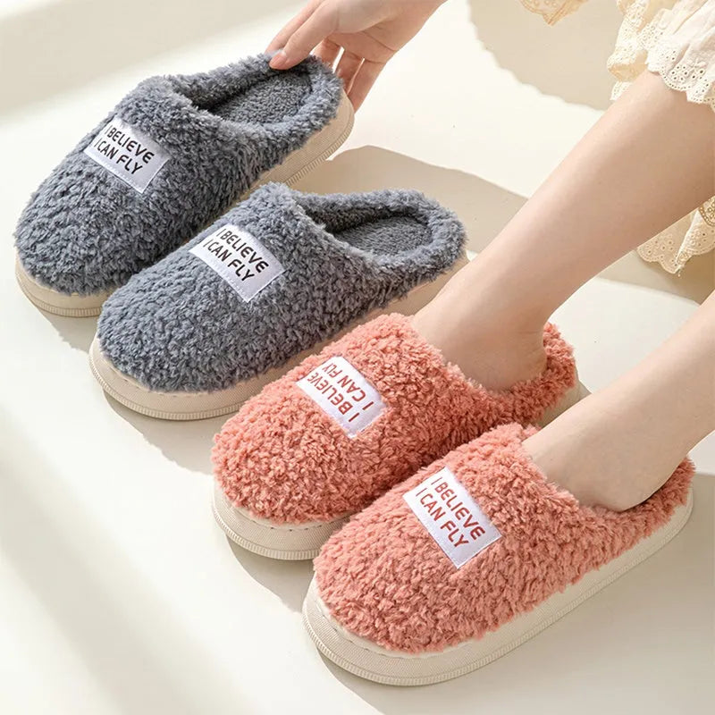 Letter design thick sole home slippers in dark grey with plush upper and non-slip PVC sole