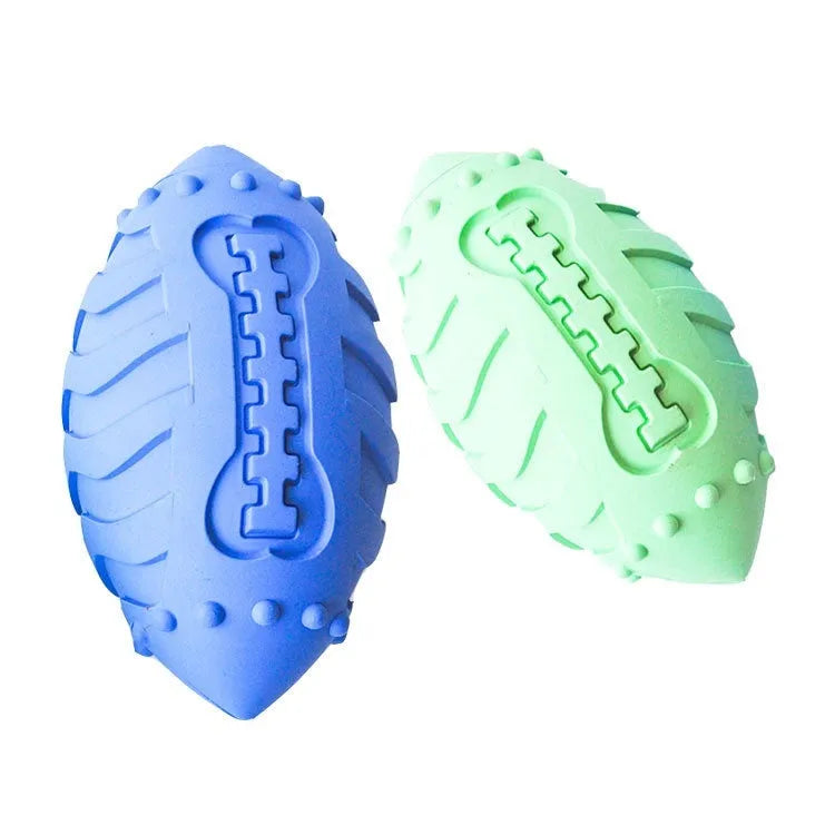 Light green and sapphire blue thickened rubber rugby ball dog toy with bite-resistant construction.