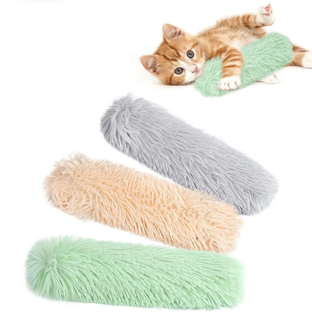 Plush cat toy pillow in blue, green, pink, or white colours measuring 27cm long by 10cm wide