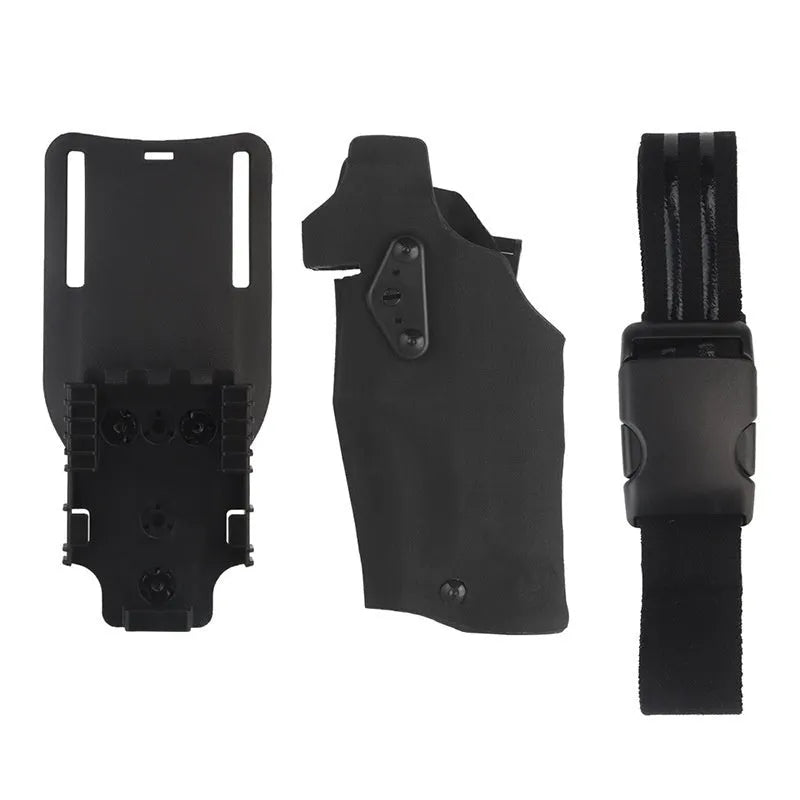 Left hand camouflage waist bag with leg warmer, black CP GB-87, against outdoor foliage background