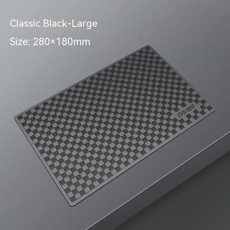 PU car dashboard anti-slip pad for mobile phone in Classic Black, showing textured surface and fit on instrument panel