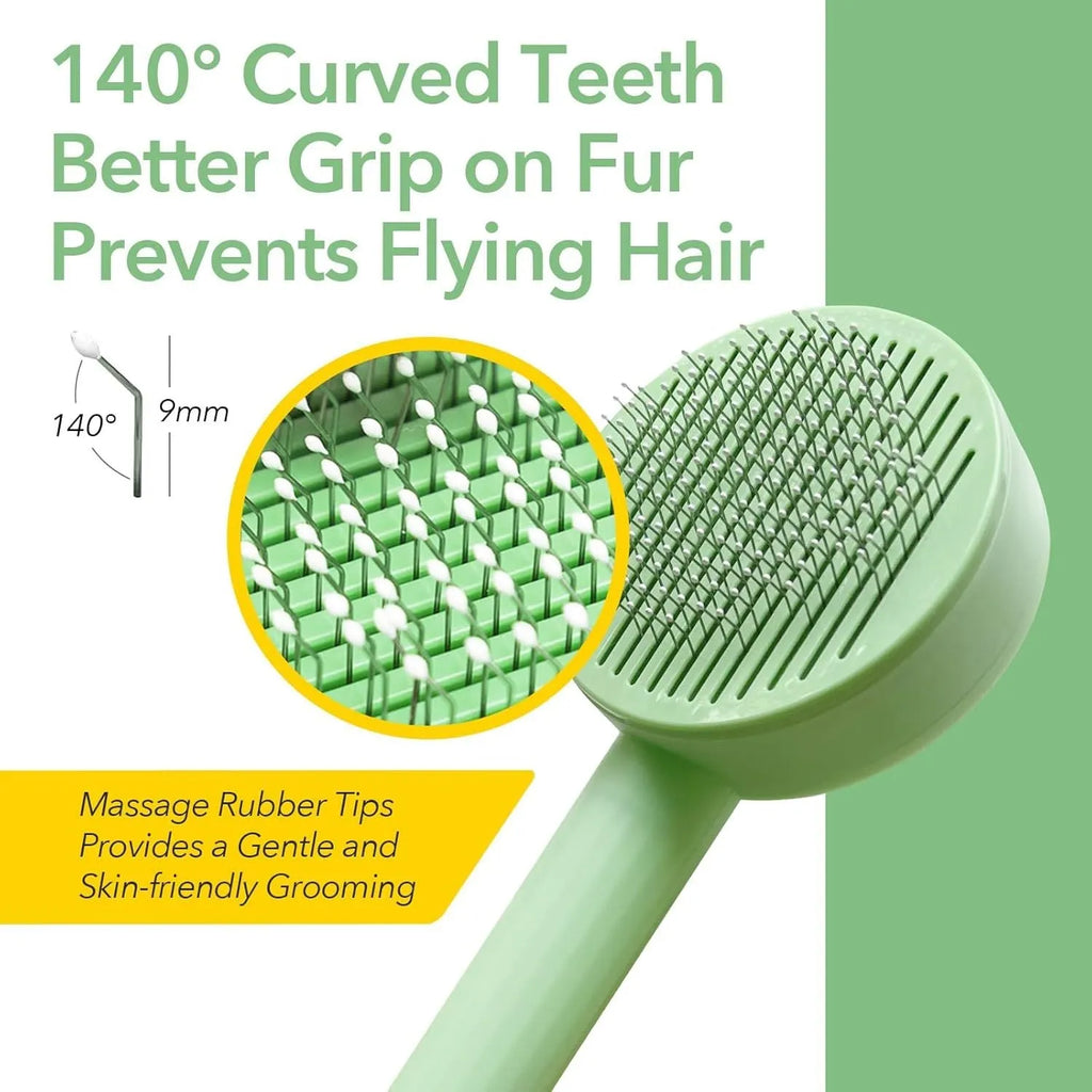 Green and yellow 2-in-1 pet grooming brush with stainless steel teeth and hanging loop.