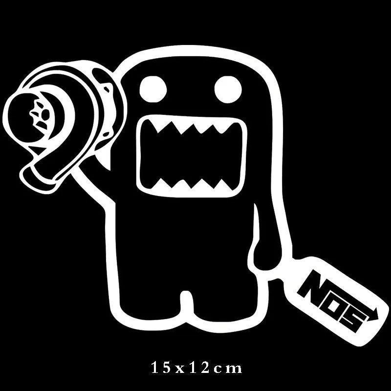 Black and white cartoon car sticker on vehicle panel, showing 15cm by 12cm PVC decal.