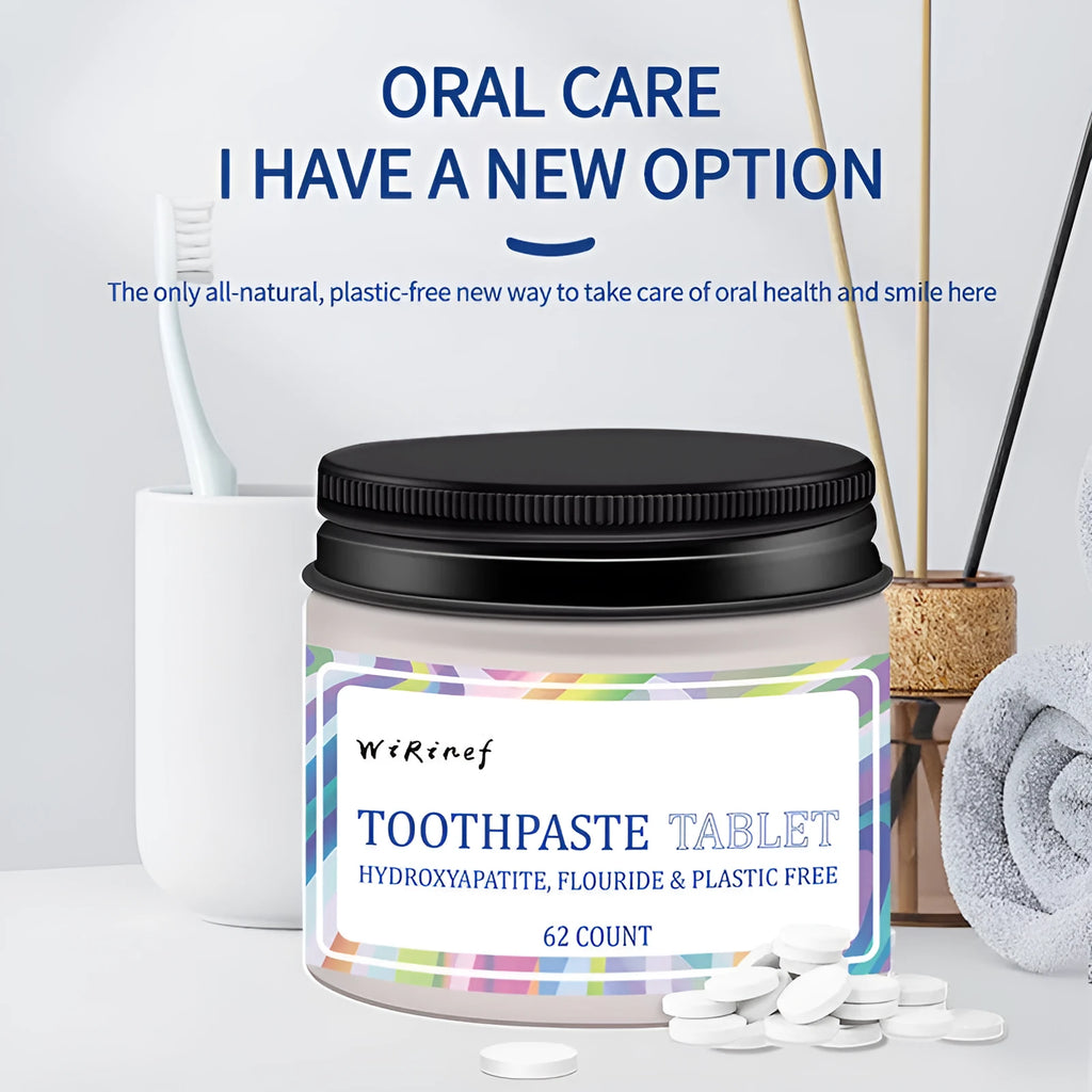 Pack of 62 white solid chewable toothpaste tablets for portable oral cleaning.