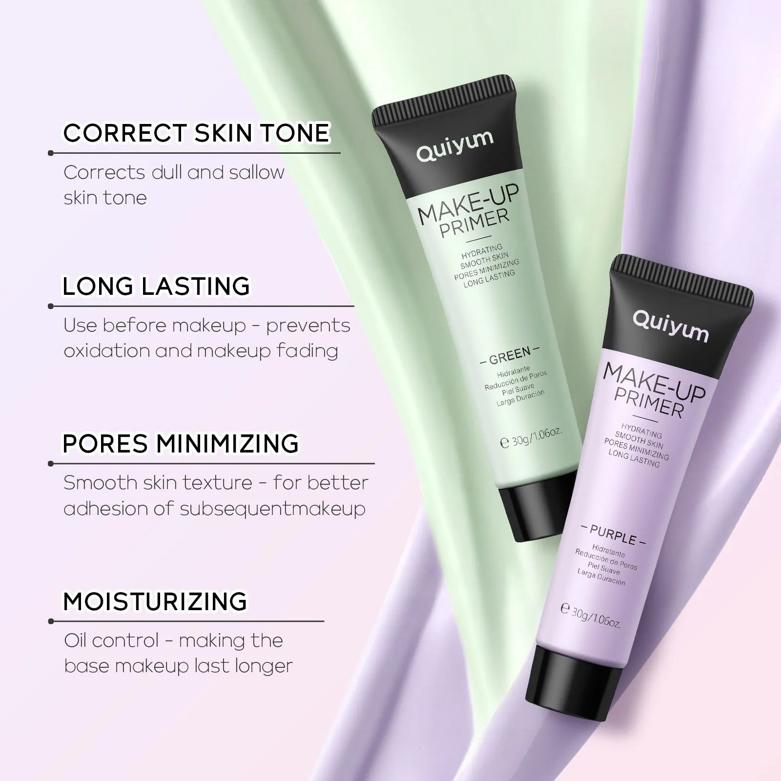 30g colour-correcting makeup primer in green, pink and purple shades for skin tone neutralisation