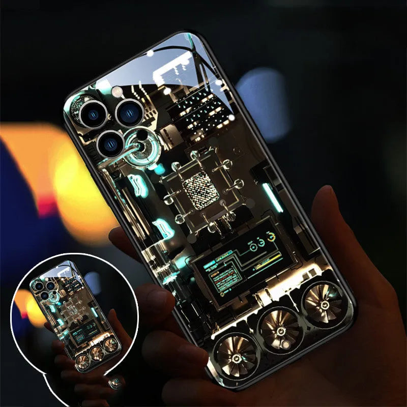 Xpress 14 tempered glass iPhone case with LED light-up notification function on a phone.