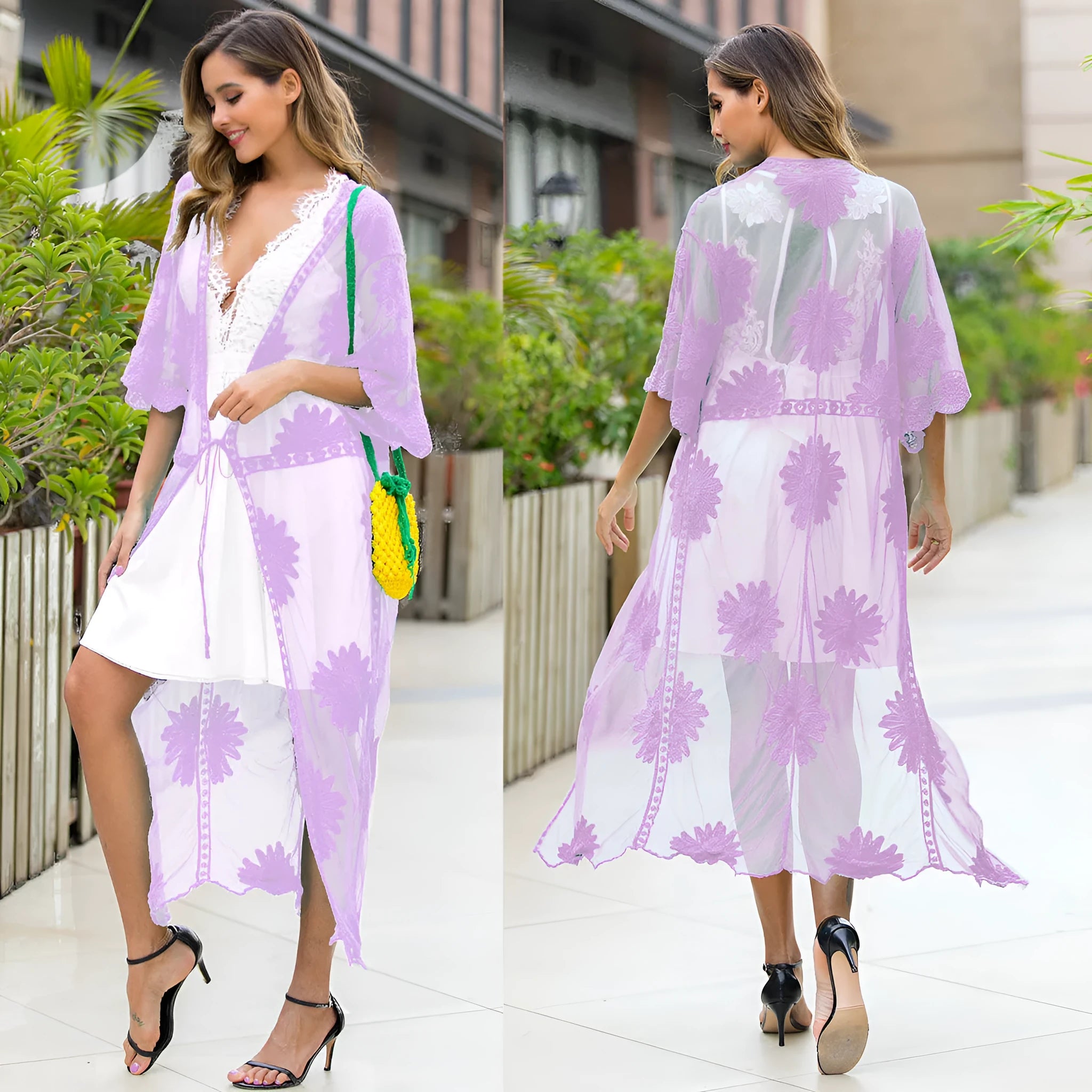 Light purple lace embroidery beach dress cardigan for swimming cover-up