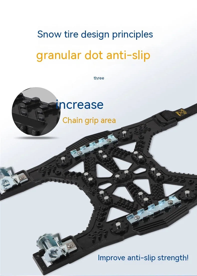 Universal car SUV tyre anti-skid chains with armoured steel plates in packaging with tools