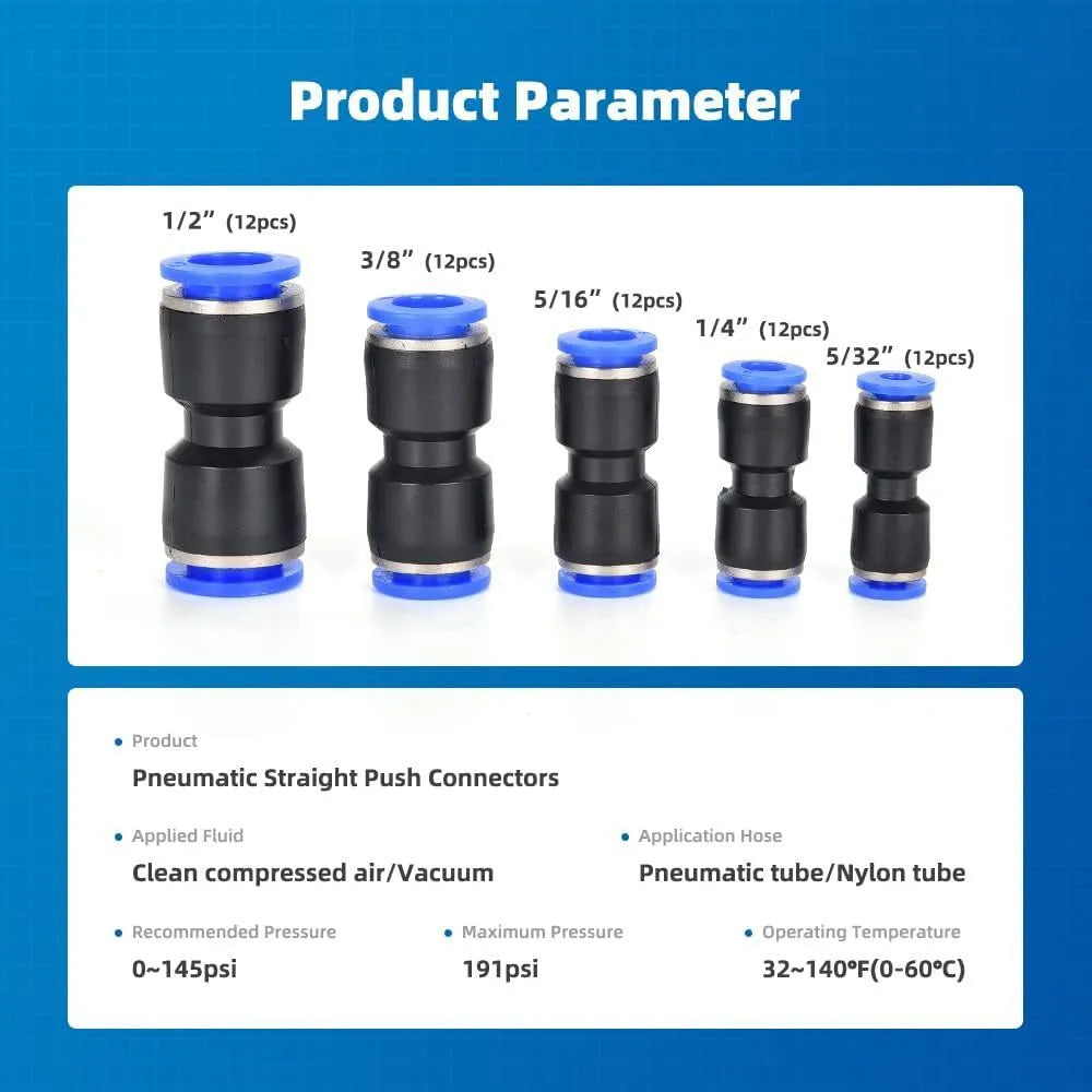 60-piece pneumatic push-in connector set showing R1/4 and R1/2 fittings in alloy plastic