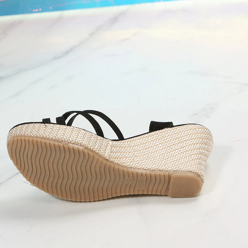 Women's beige wedge sandals with fabric uppers and fish-mouth toe design