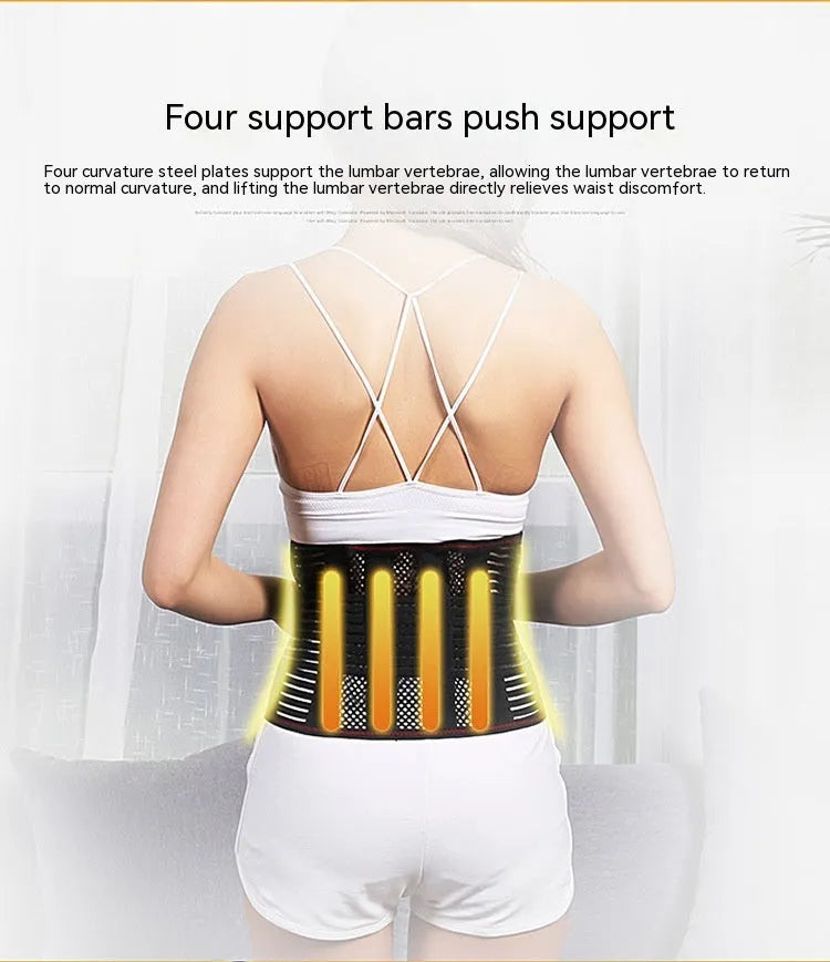 Black sports waist support belt with steel plate for decompression, shown on a model.