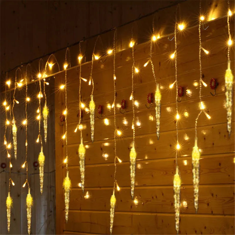 Icicle light bar with 96 LED lamp beads on a 3.5m string, showing 8 lighting modes for outdoor party decor