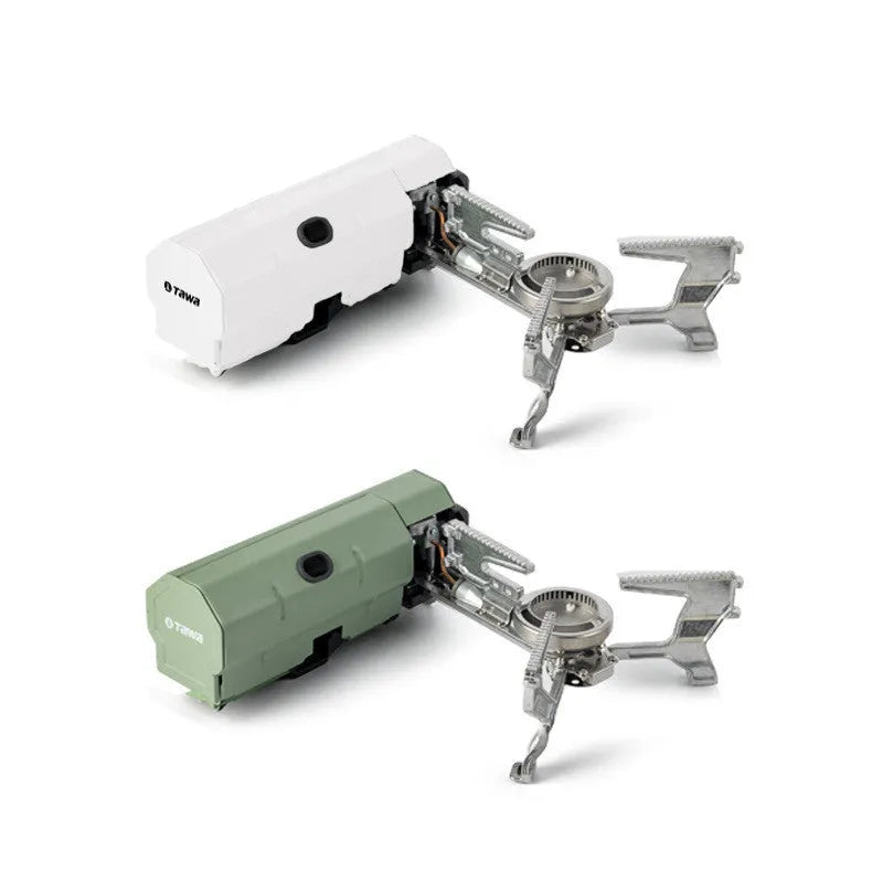 Green portable folding gas stove with serrated pot support and adjustable valve, shown with storage bag.