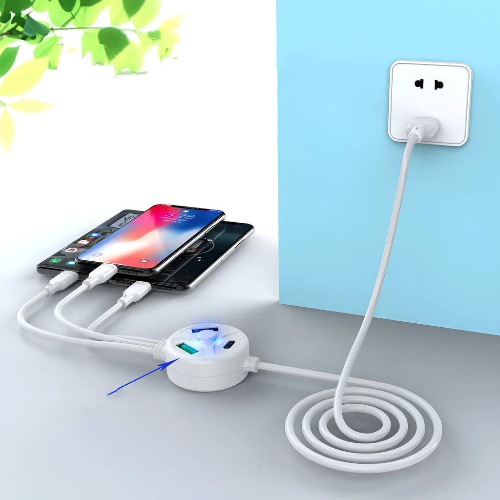 Mobile phone charging cable with multiple USB connectors including TYPE-C, Mini USB and Micro USB interfaces