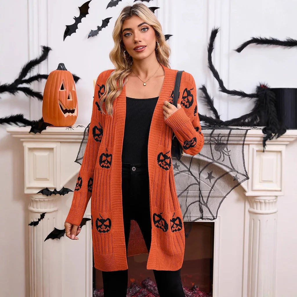 Women's black Halloween cardigan with orange and purple jacquard knitted pumpkin head pattern