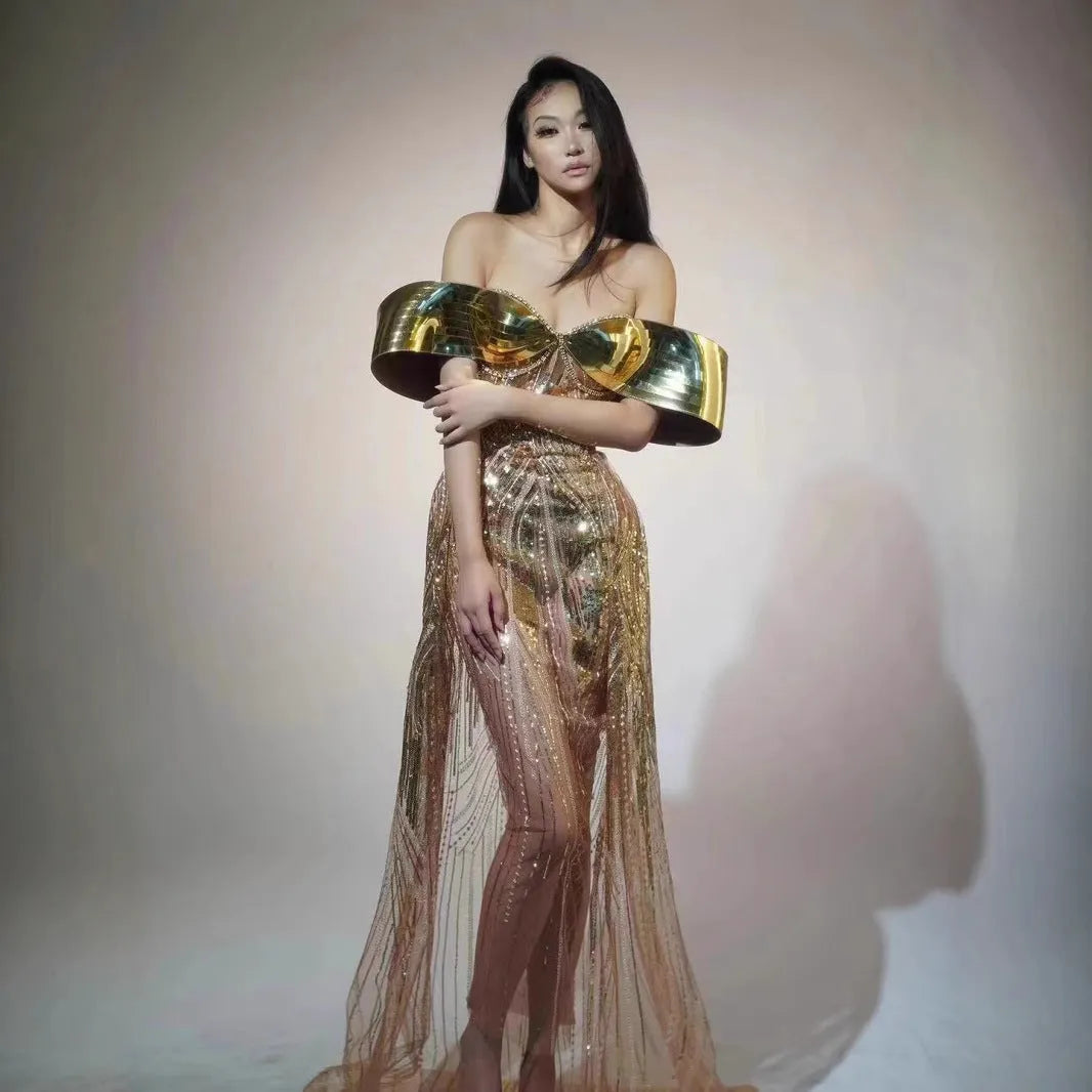 Gold strapless sequined split dress with long skirt and tube top design