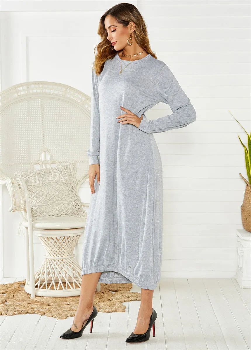 Black lantern dress with lace-up crew neck and loose long silhouette in Japanese Korean casual style