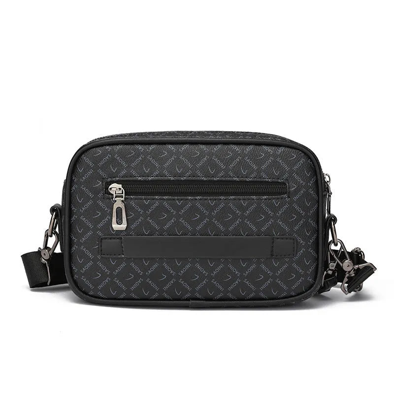 Men's geometric pattern PU leather shoulder messenger bag in horizontal design with handheld option